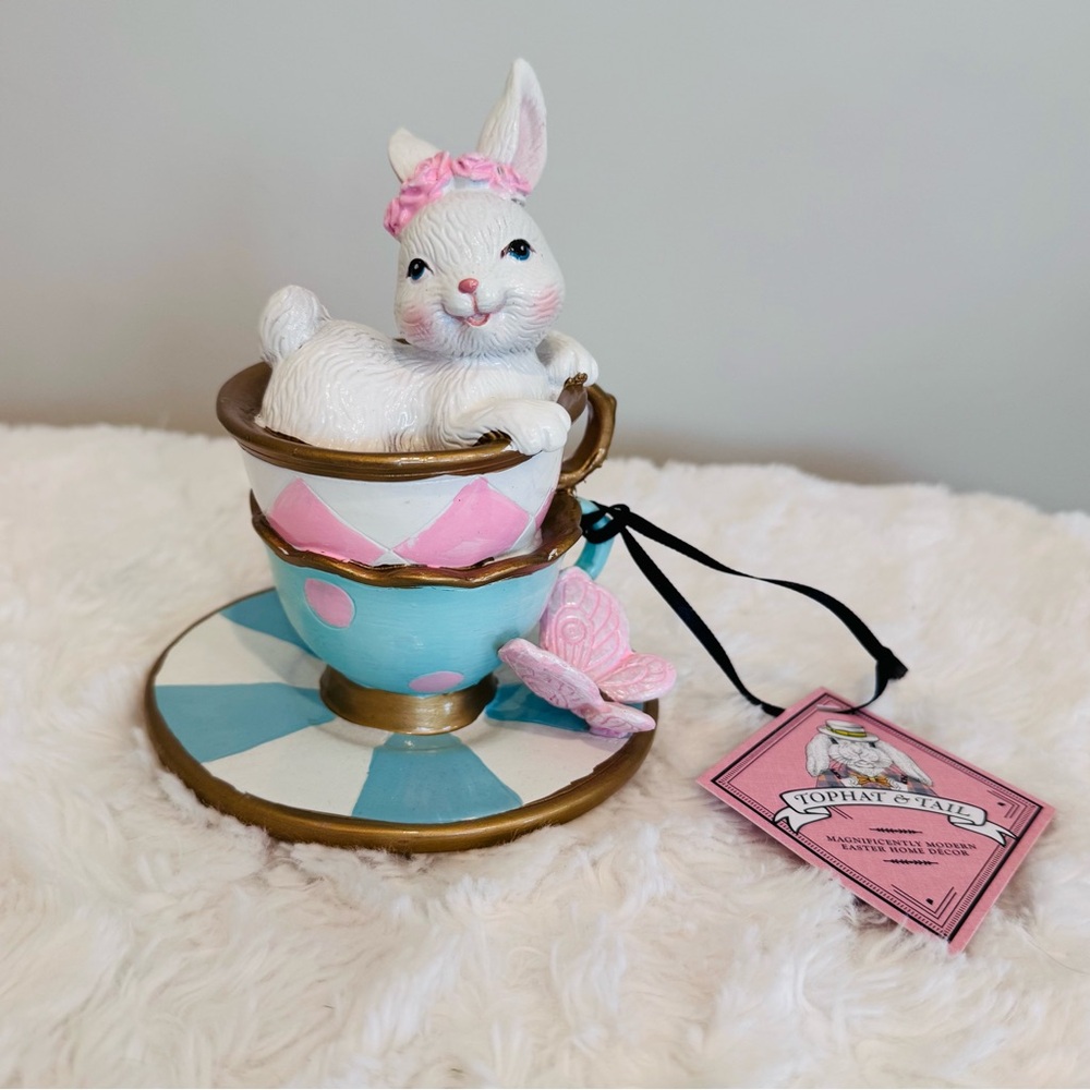 Cute Easter Bunny w Bow In Two Tea Cups w Butterfly NEW Pastel Decor